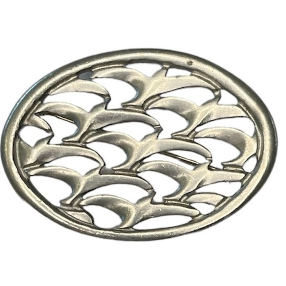 Vintage‎ oval flock of seagulls silver metal brooch/pin signed.